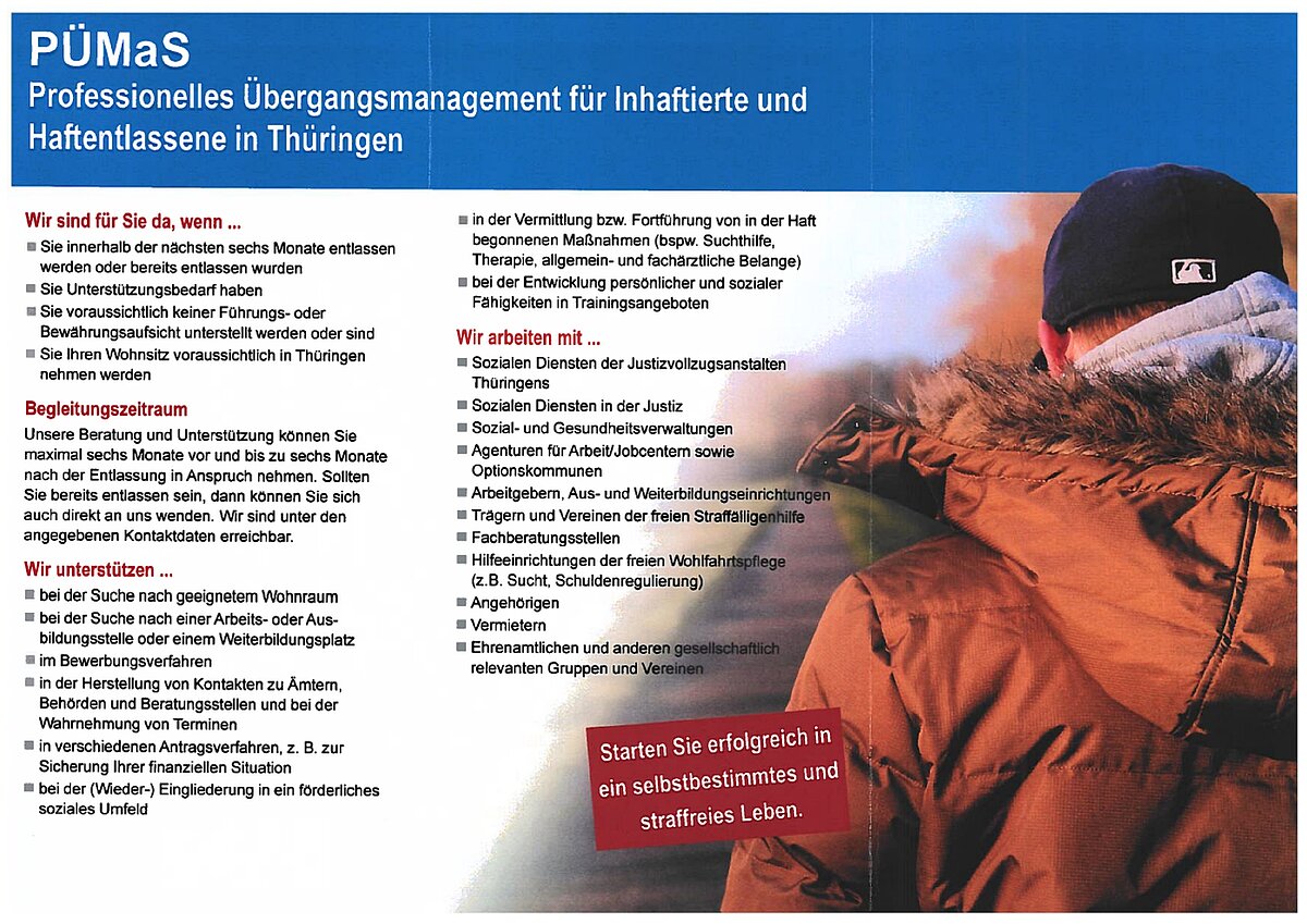 Ein Flyer des professionellen Übergangsmanagements für Inhaftierte und Haftentlassene in Thüringen